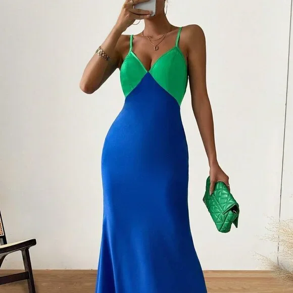 Multicolor Sexy Women's Colorblock Spaghetti Strap Mermaid Dress - Picture 7 of 8